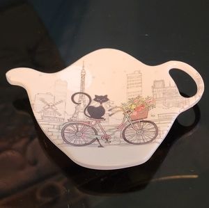 Kiub Tea Bag Holder Black Cat On Bike In Paris, Cream